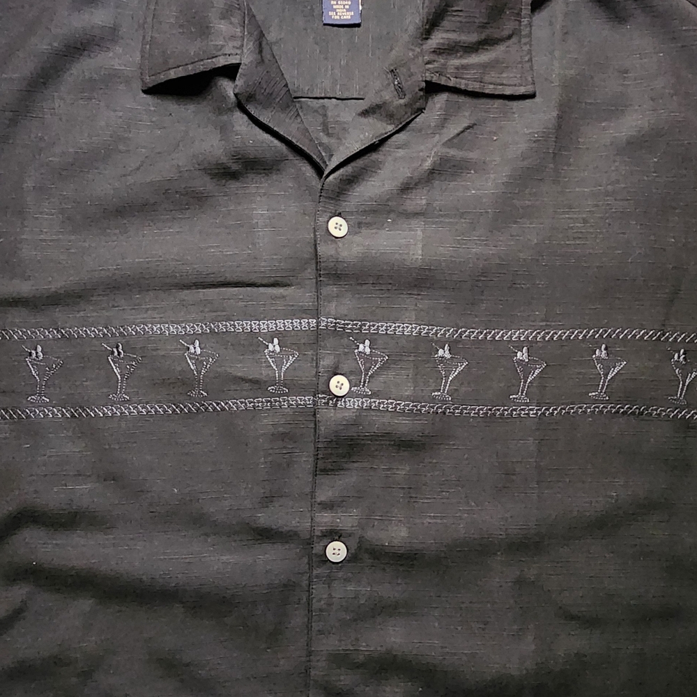 Vintage Newport Blue Black Short Sleeve Shirt with Subtle Martini Embroidery